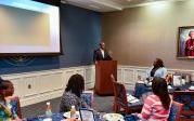 President Brian O. Hemphill, Ph.D., speaks to the Black Alumni Council members Sunday morning at the group’s breakfast. Photo Chuck Thomas/ODU